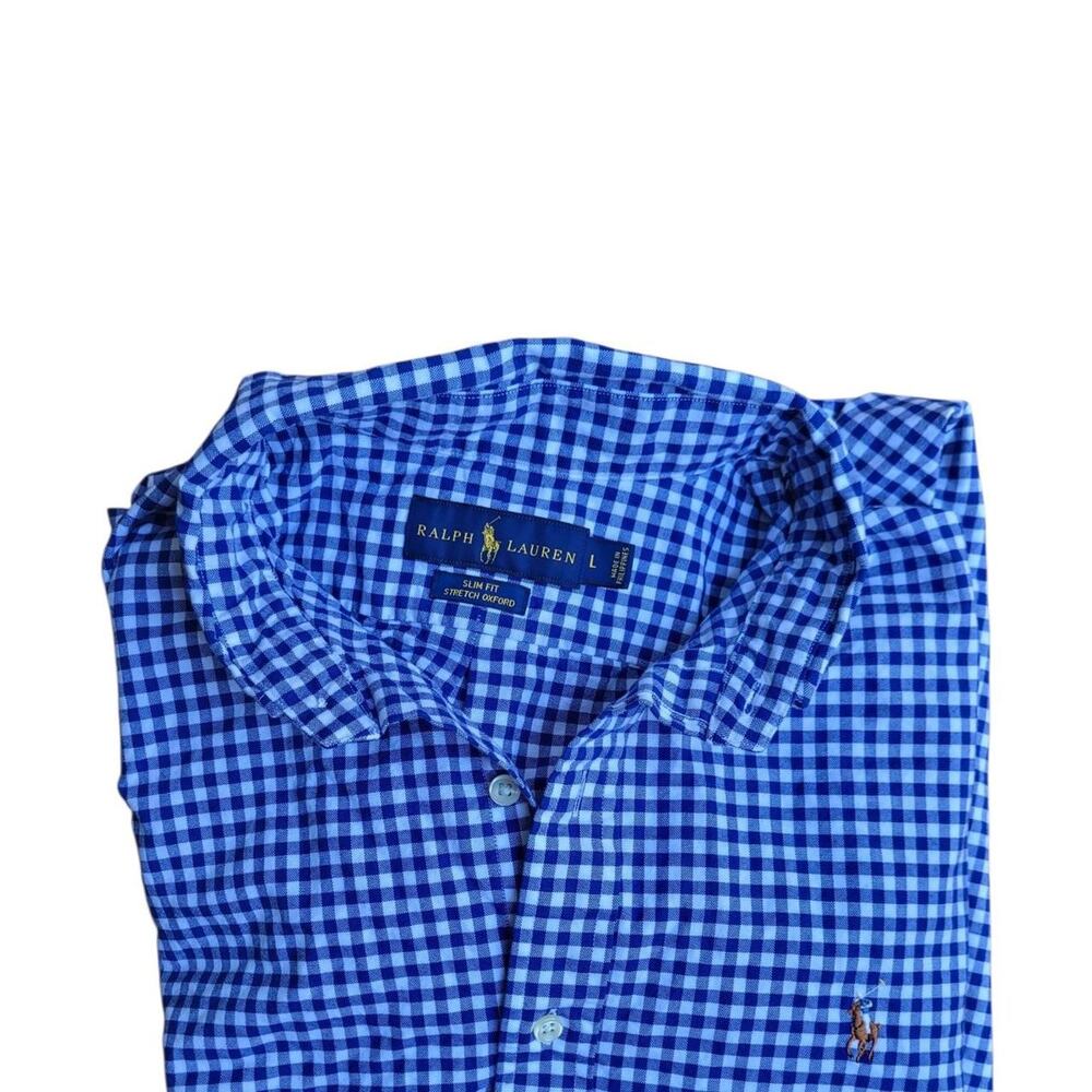 Ralph Lauren Blue Gingham Button Down Shirt Size Large Slim Fit